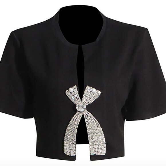 Commense Tops - NWT Commense black T-Shirt with Silver Bow jewel Accent